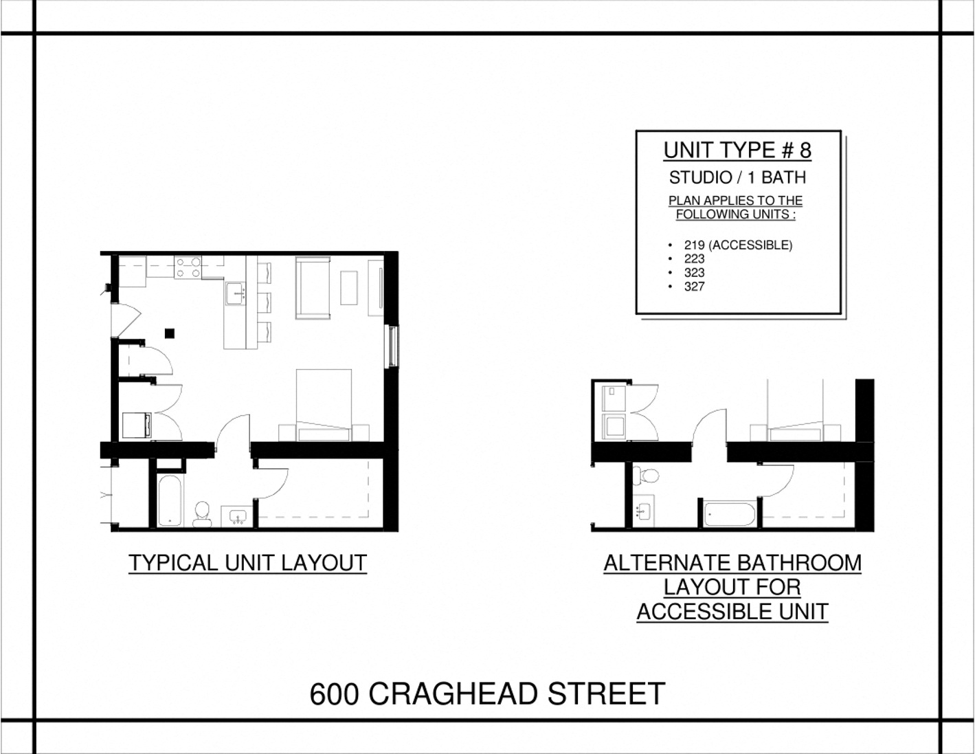 Floor plan for studio, 1 bath, 600 sqft